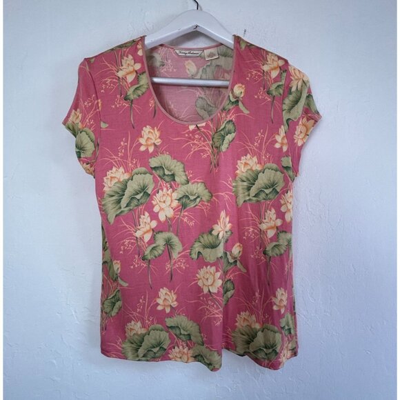 Tommy Bahama Womens Pink Floral Short Sleeve Silk T-Shirt Top Large 12/14 Summer - Picture 1 of 7